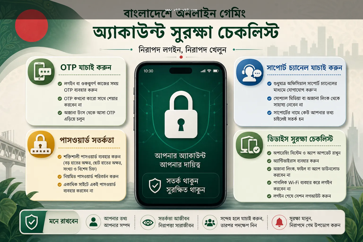 VK8 account safety checklist যেখানে OTP, password, device ও payment সতর্কতা দেখা হচ্ছে