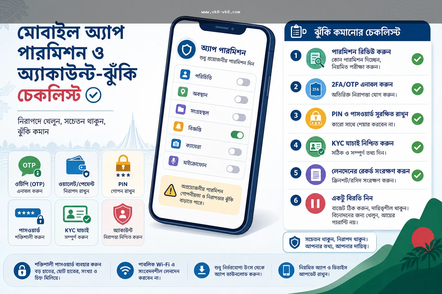VK8 App permission OTP wallet PIN account risk checklist for Bangladesh users