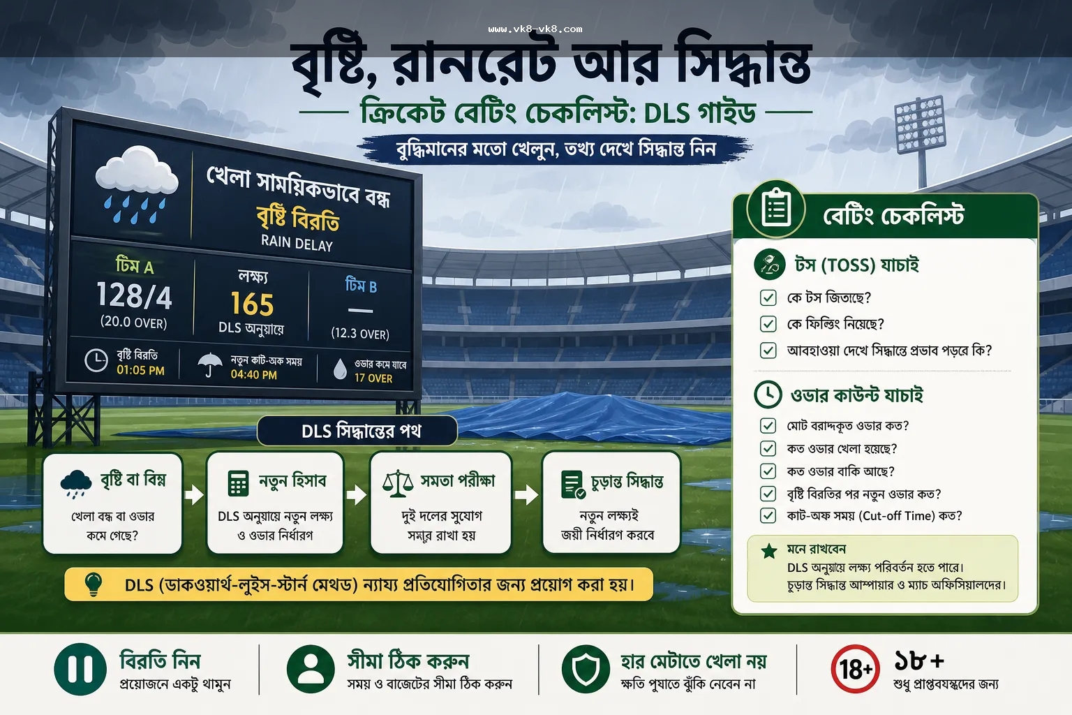 VK8 cricket betting rain DLS checklist for Bangladesh users
