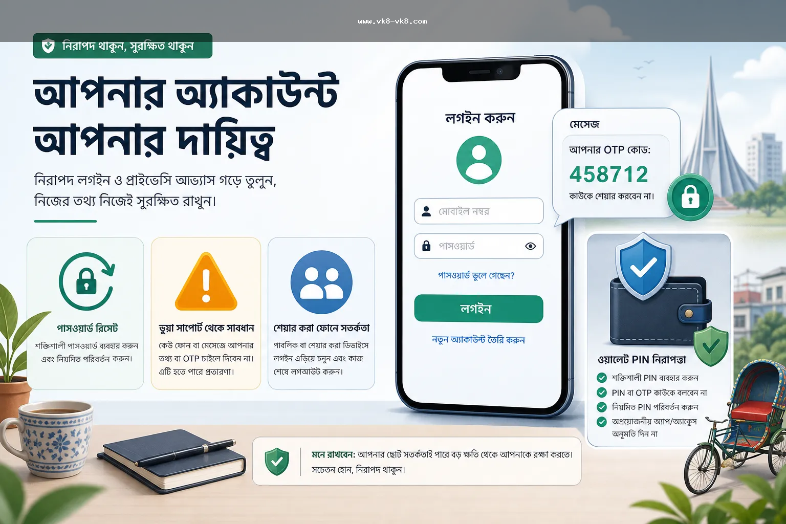 VK8 login OTP fake support wallet PIN risk checklist for Bangladesh users